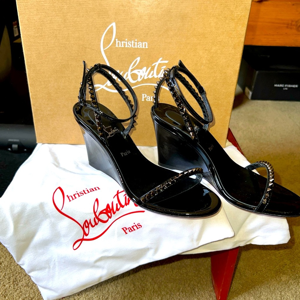 Christian Louboutin black spiked SO ME wedges 38